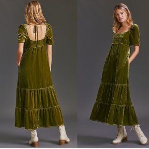 Anthropologie Velvet Empire Waist Midi Dress new moss color